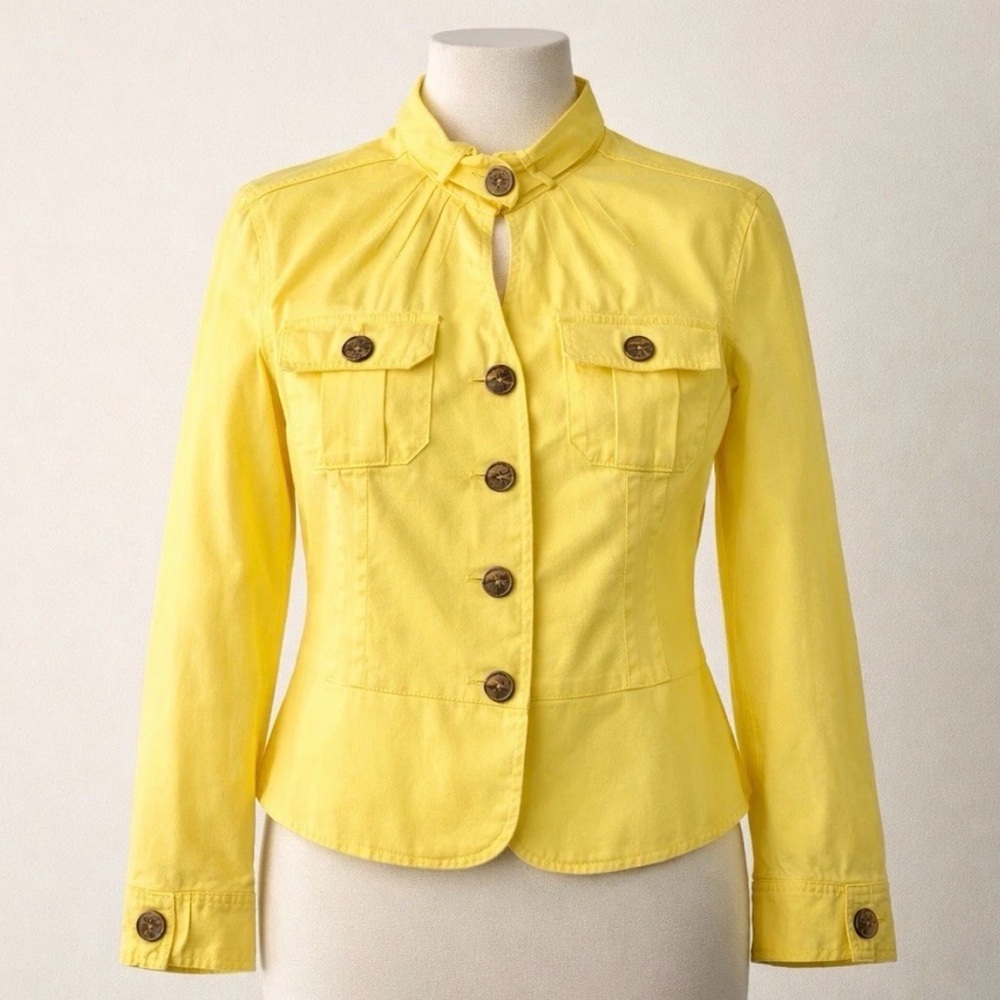 Live a Little Yellow Military Jacket Womens Medium Utility Button Front Stretch
